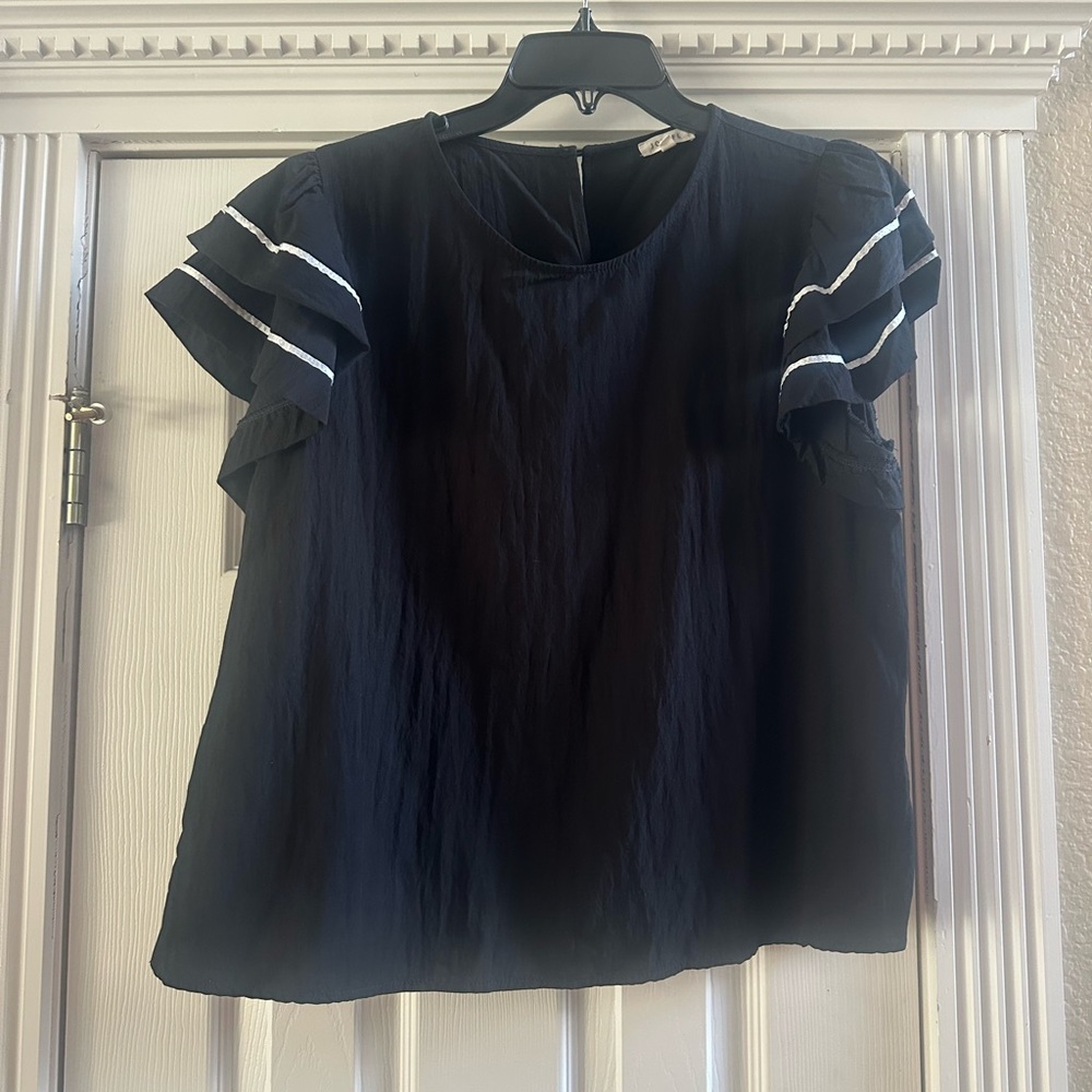 JODIFL Black Ruffle Sleeve Blouse with White Trim